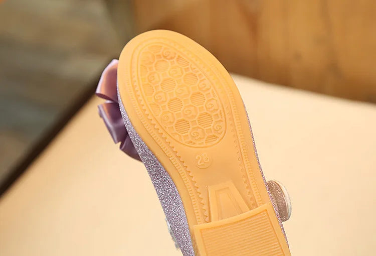 Glitter with Bow-knot Princess Sweet Bling Dress Shoes for Dance Party Girls Leather Shoes for Toddlers Kids Big Children Flats