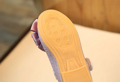Glitter with Bow-knot Princess Sweet Bling Dress Shoes for Dance Party Girls Leather Shoes for Toddlers Kids Big Children Flats