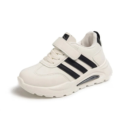 2026 New Spring Fall Sport Shoes for Boys Fashion Patchwork Stripes Dad Sneakers for Girls Black Khaki Gray Kids Trainers
