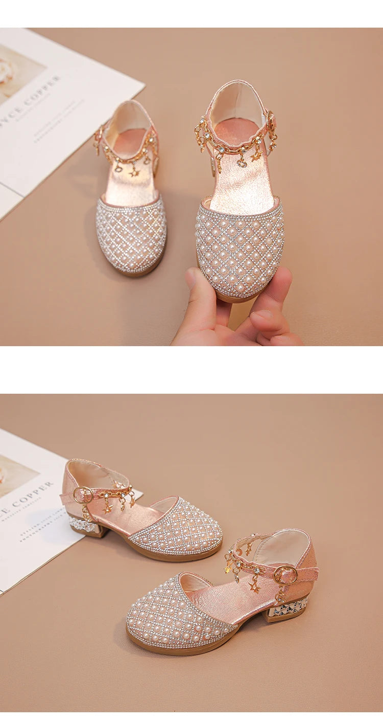 Girls Dress Shoes for Wedding Party Glitter Rhinestone with Pendants Shiny Glitter Fashion Princess Kids Leather Shoes High Heel