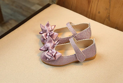 Glitter with Bow-knot Princess Sweet Bling Dress Shoes for Dance Party Girls Leather Shoes for Toddlers Kids Big Children Flats