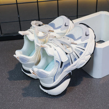 Girl's Color Block Mesh Breathable Chunky Shoes Comfy Non Slip Lace Up Durable Sneakers For Kid's Outdoor Activities