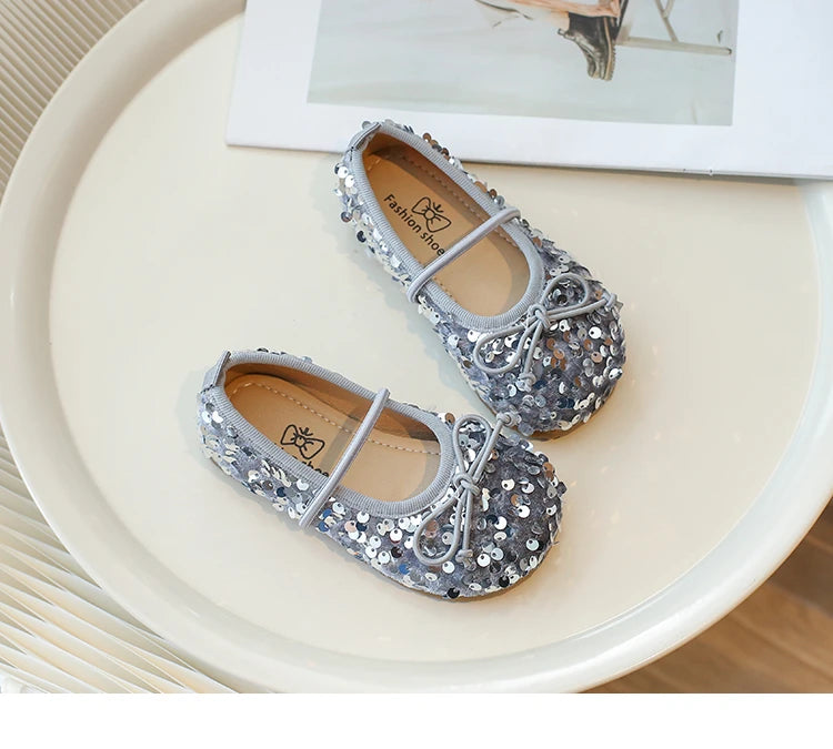 Girls' Shoes Spring New Fashion Little Girl Sequin Princess Shoes Soft Sole Girls' Shallow Mouth Single Shoes Breathable