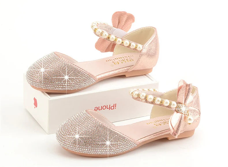 Girls Wedding Shoes Glitter New Brand Flat Heels Children Princess Sandals Dance Kids Fashion Party Shoes with Pearl