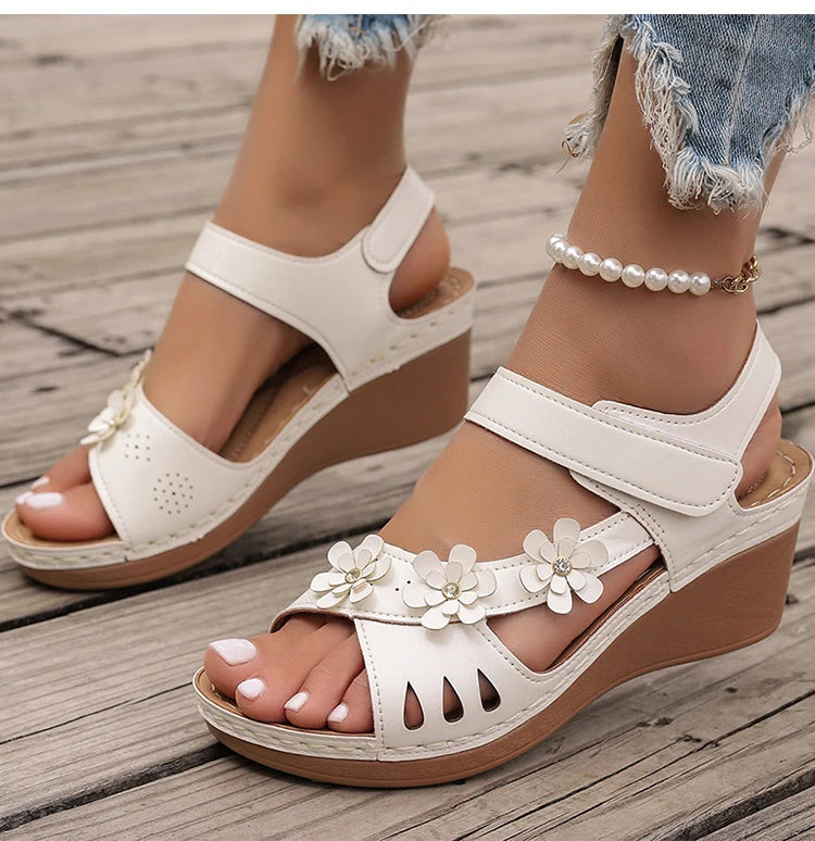 Women's Sandals New Wedges Heels Sandals For Summer Shoes Women Luxury Flower Sandalias Mujer Soft Heeled Summer Footwear