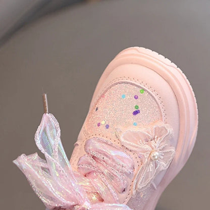 Baby Girl's Casual Sneakers for Spring Fall Shiny Sequins & Bow Ribbon Decor Sports Shoes Kids Skate Shoes