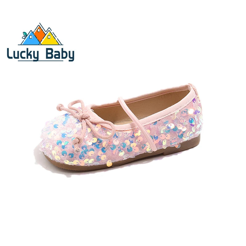 Girls Shoes Kids Glitter Leather Shoes for Wedding Stage Party Sequins Bling Shiny with Bow-knot Princess Soft Children's Flats