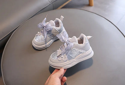 Baby Girl's Casual Sneakers for Spring Fall Shiny Sequins & Bow Ribbon Decor Sports Shoes Kids Skate Shoes