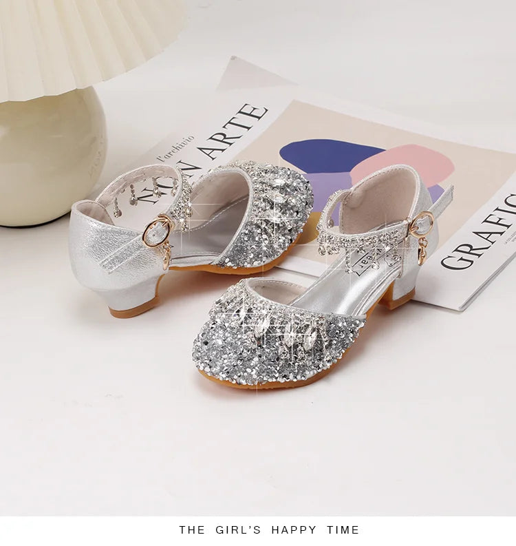 Girls' high-heeled princess shoes model catwalk show silver children's dress shoes shiny stage crystal sandals