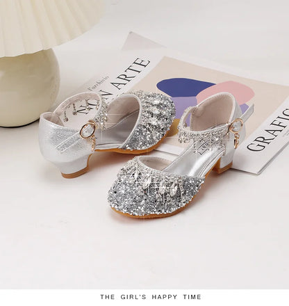 Girls' high-heeled princess shoes model catwalk show silver children's dress shoes shiny stage crystal sandals
