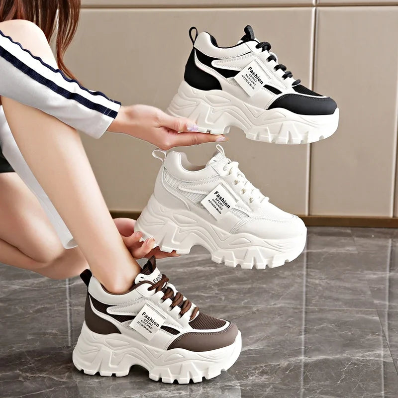 Women's White Platform Sneakers 2025 Spring Lace Up Thick Bottom Vulcanized Shoes Woman Breathable Non Slip Sports Shoes Ladies