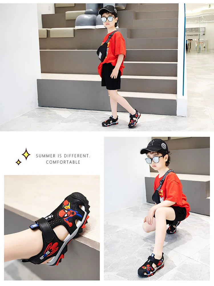 New Summer Kids Boys Sandals Closed Toe Cartoon Spiderman Shoes Orthopedic Sport Pu Leather Soft Baby Girls Beach Shoes Children