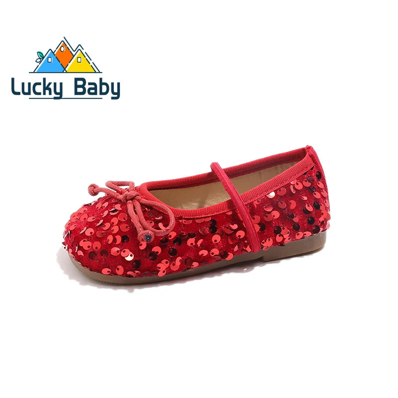 Girls Shoes Kids Glitter Leather Shoes for Wedding Stage Party Sequins Bling Shiny with Bow-knot Princess Soft Children's Flats