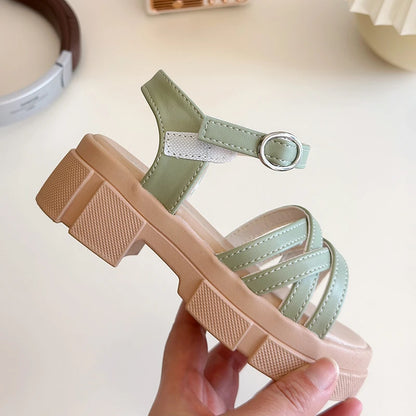 Girls Sandals 3-18 Years Old Beige Open-toe Woven Kids Beach Shoes Summer New Green Fashion Hundred Children's Sandals Shoes