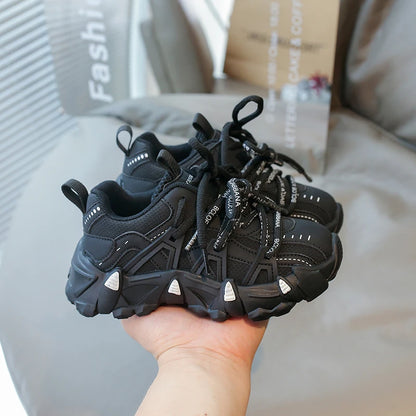 Children's Sneakers Four Seasons Leather Boys Girls Single Shoes Black Soft Bottom Non-slip Kids Running Shoes