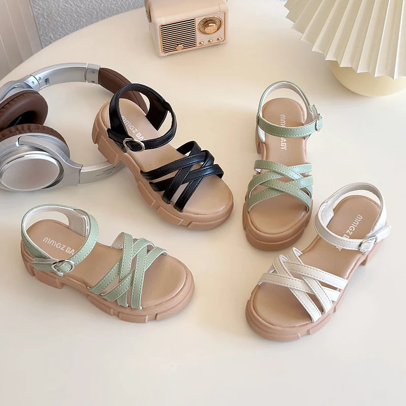 Girls Sandals 3-18 Years Old Beige Open-toe Woven Kids Beach Shoes Summer New Green Fashion Hundred Children's Sandals Shoes