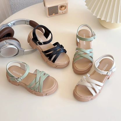 Girls Sandals 3-18 Years Old Beige Open-toe Woven Kids Beach Shoes Summer New Green Fashion Hundred Children's Sandals Shoes
