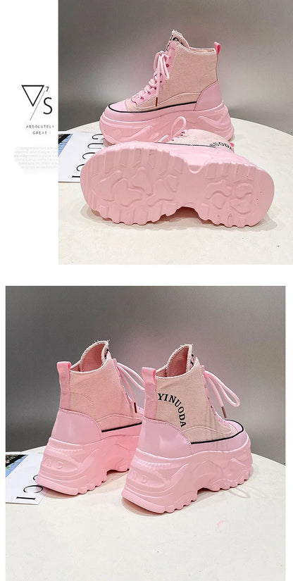 Women Sneakers High Top Platform Breathable Leather Shoes Autumn Ladies Wedges Casual Shoes For Woman Sports Dad Shoes 8CM