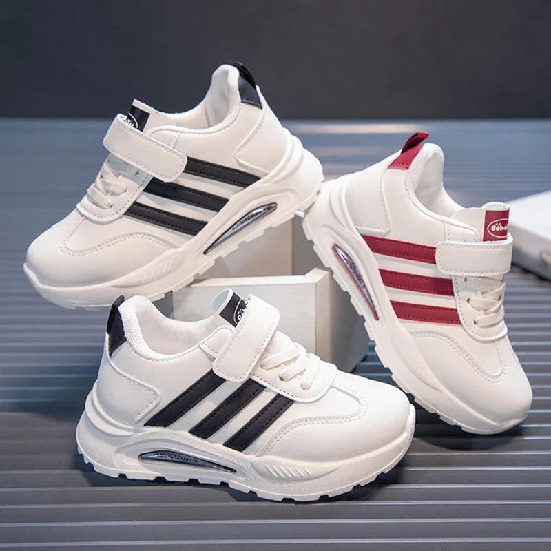 2026 New Spring Fall Sport Shoes for Boys Fashion Patchwork Stripes Dad Sneakers for Girls Black Khaki Gray Kids Trainers