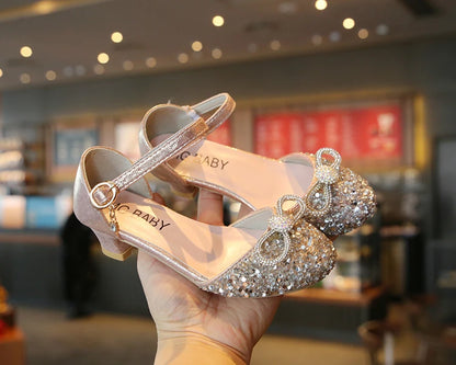 Girls High Heels for Kids Party Wedding Evening Dress Shoes Fashion Bow Diamond Crystal Shoes Princess Stockings Girl Sandals
