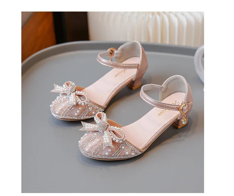 Girls' Bow Sandals Fashion Princess Shoes for Party Wedding 2025 Summer New Kids Rhinestone High Heels Children's Leather Shoes