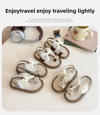 Summer Fashion Kids Platform Princess Shoes  Sandals Girls Rhinestone Straps Beach Shoes Soft Sole Ribbon Bow Versatile Sandals