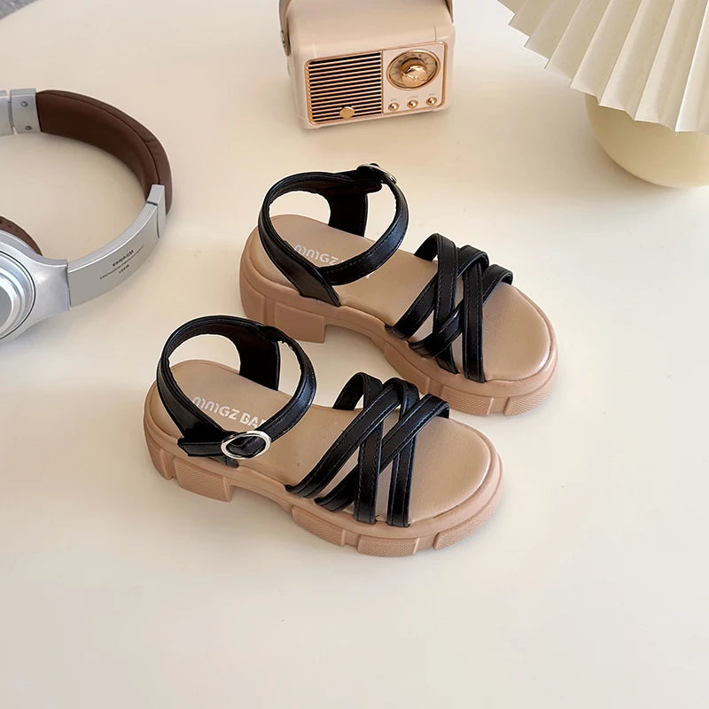 Girls Sandals 3-18 Years Old Beige Open-toe Woven Kids Beach Shoes Summer New Green Fashion Hundred Children's Sandals Shoes