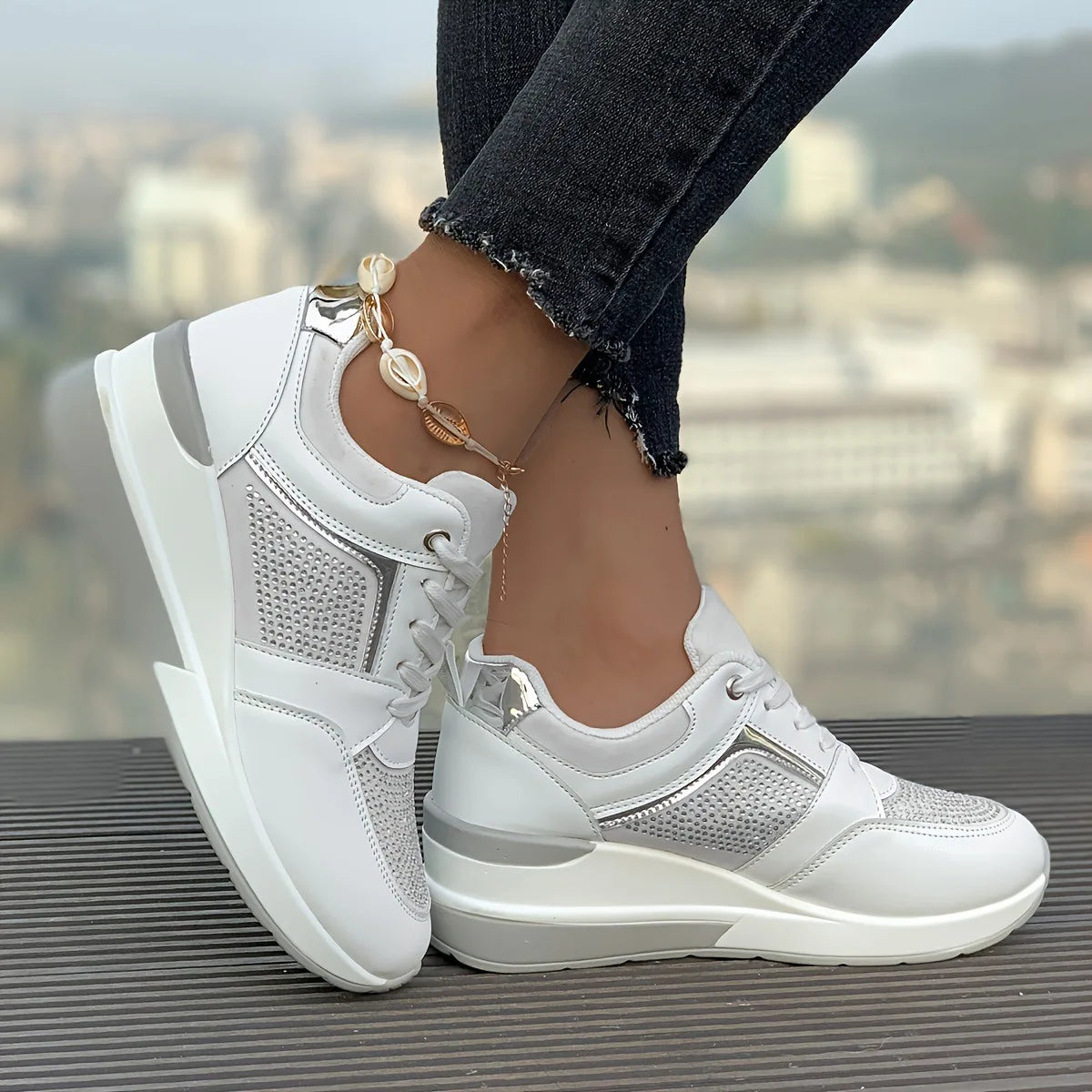 New Women's Sneakers Luxury Rhinestone Casual Shoes for Women Comfortable Platform Wedge Shoes Fashion Breathable Running Shoes
