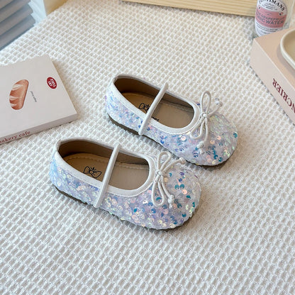 Girls Shoes Kids Glitter Leather Shoes for Wedding Stage Party Sequins Bling Shiny with Bow-knot Princess Soft Children's Flats