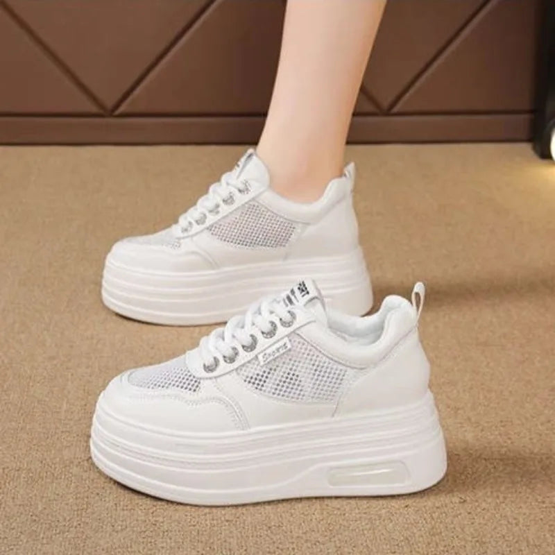 Women's White Chunky Sole Sneakers – Breathable Mesh Shoes with Thick Platform and Air Cushion for Casual Wear