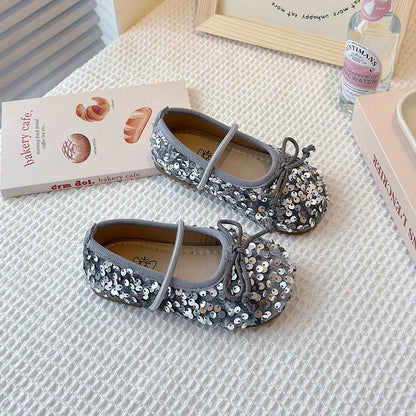 Girls Shoes Kids Glitter Leather Shoes for Wedding Stage Party Sequins Bling Shiny with Bow-knot Princess Soft Children's Flats