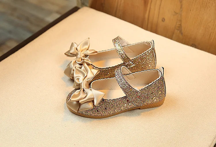 Glitter with Bow-knot Princess Sweet Bling Dress Shoes for Dance Party Girls Leather Shoes for Toddlers Kids Big Children Flats