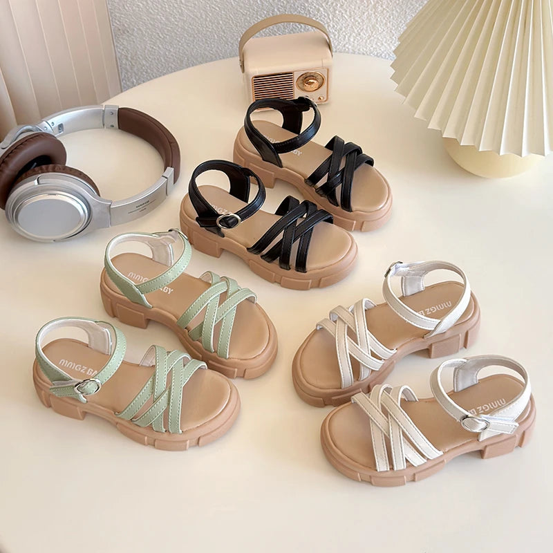 Girls Sandals 3-18 Years Old Beige Open-toe Woven Kids Beach Shoes Summer New Green Fashion Hundred Children's Sandals Shoes