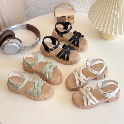 Girls Sandals 3-18 Years Old Beige Open-toe Woven Kids Beach Shoes Summer New Green Fashion Hundred Children's Sandals Shoes