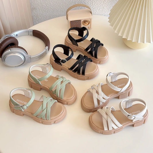 Girls Sandals 3-18 Years Old Beige Open-toe Woven Kids Beach Shoes Summer New Green Fashion Hundred Children's Sandals Shoes