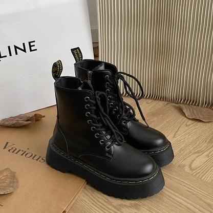 Women's Boots New Genuine Leather Ankle Shoes Chelsea Botas Ladies Classic Punk Platform Shoes Women Casual High Heels Boots