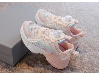 Girls Sneakers with Sweet Flowers Children Running Shoes Rotating Button New Kids Sports Shoes Princess Style Comfortable