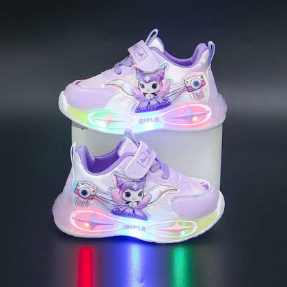 Sanrio Kuromi Girls Light Up Sneakers New Waterproof Leather Princess Running Casual Sports Shoes with Cotton Lined for Kids
