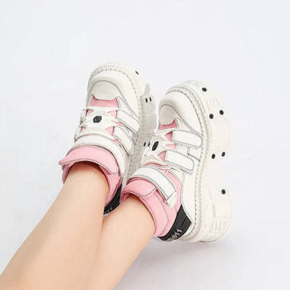 Woman Sneakers New Punk Style Women Shoes Gothic Ankle Rock Boots Lace-up Heel Height Platform Shoes Woman Metal Decor