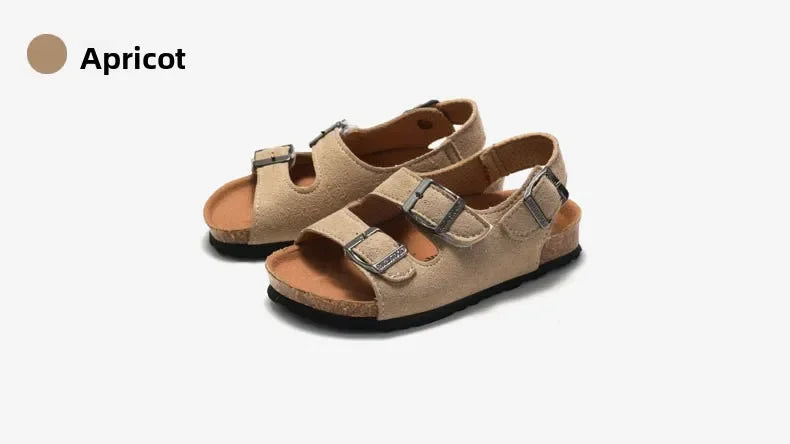 Boys Summer Soft Soled Cork Sandals Children One Line Herringbone Slippers Girl Beach Breathable Double Ring Buckle Casual Shoes