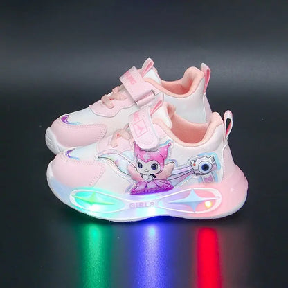 Sanrio Kuromi Girls Light Up Sneakers New Waterproof Leather Princess Running Casual Sports Shoes with Cotton Lined for Kids