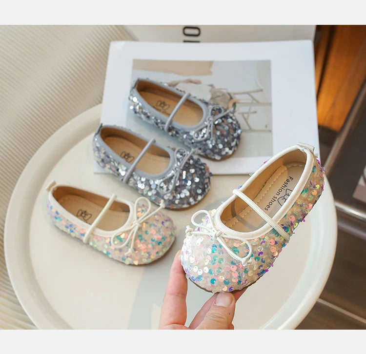 Girls' Shoes Spring New Fashion Little Girl Sequin Princess Shoes Soft Sole Girls' Shallow Mouth Single Shoes Breathable
