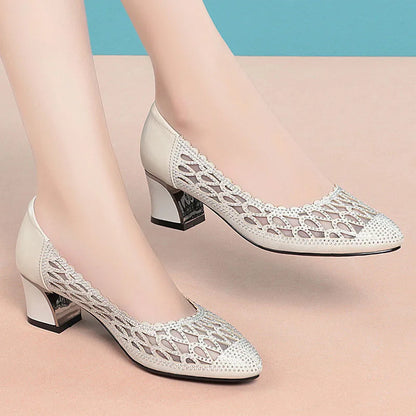 Women's Shoes Summer New Fashion Mid-heel Hollow Mesh Pumps for Women Black Elegant Party High Heels Shoes Female fashion