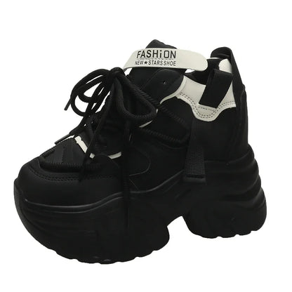 Women Walking Sneakers Autumn Lace-up High Platform Chunky Shoes Breathable Leather Shoes 10CM Winter Wedge Heels Casual Shoes