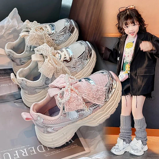 Girls Running Shoes with Sweet Mesh Bow Kids Sports Shoes Breathable New Fashion Children Sneakers Princess Style Cute