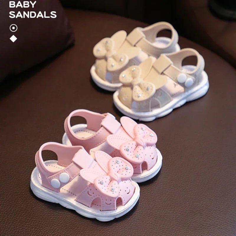 New Summer Cute Bow Rhinestone Baby Shoes For Girls Non-Slip Soft-Soled Children Toddler Kids Sandals With Covered Toes