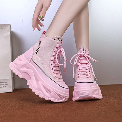 Women Sneakers High Top Platform Breathable Leather Shoes Autumn Ladies Wedges Casual Shoes For Woman Sports Dad Shoes 8CM