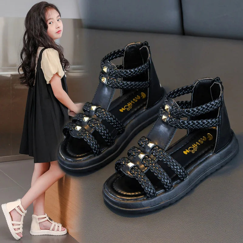Kids Summer Sandals for Girls 2025 New Versatile Korean Style PU Soft Non-slip Flat Casual Weave Gladiator Sandals Princess Soft