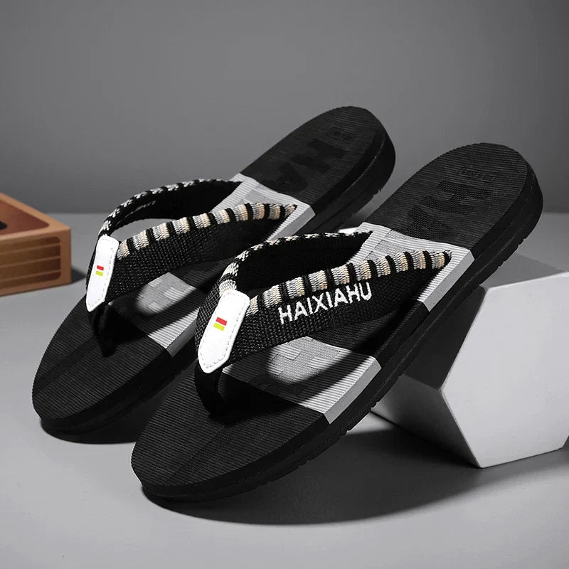 Men Slides Cloth Tape Woven Color Matching Stripe Wear-resistant Slippers (Available)