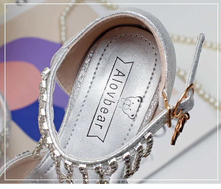 Girls' high-heeled princess shoes model catwalk show silver children's dress shoes shiny stage crystal sandals